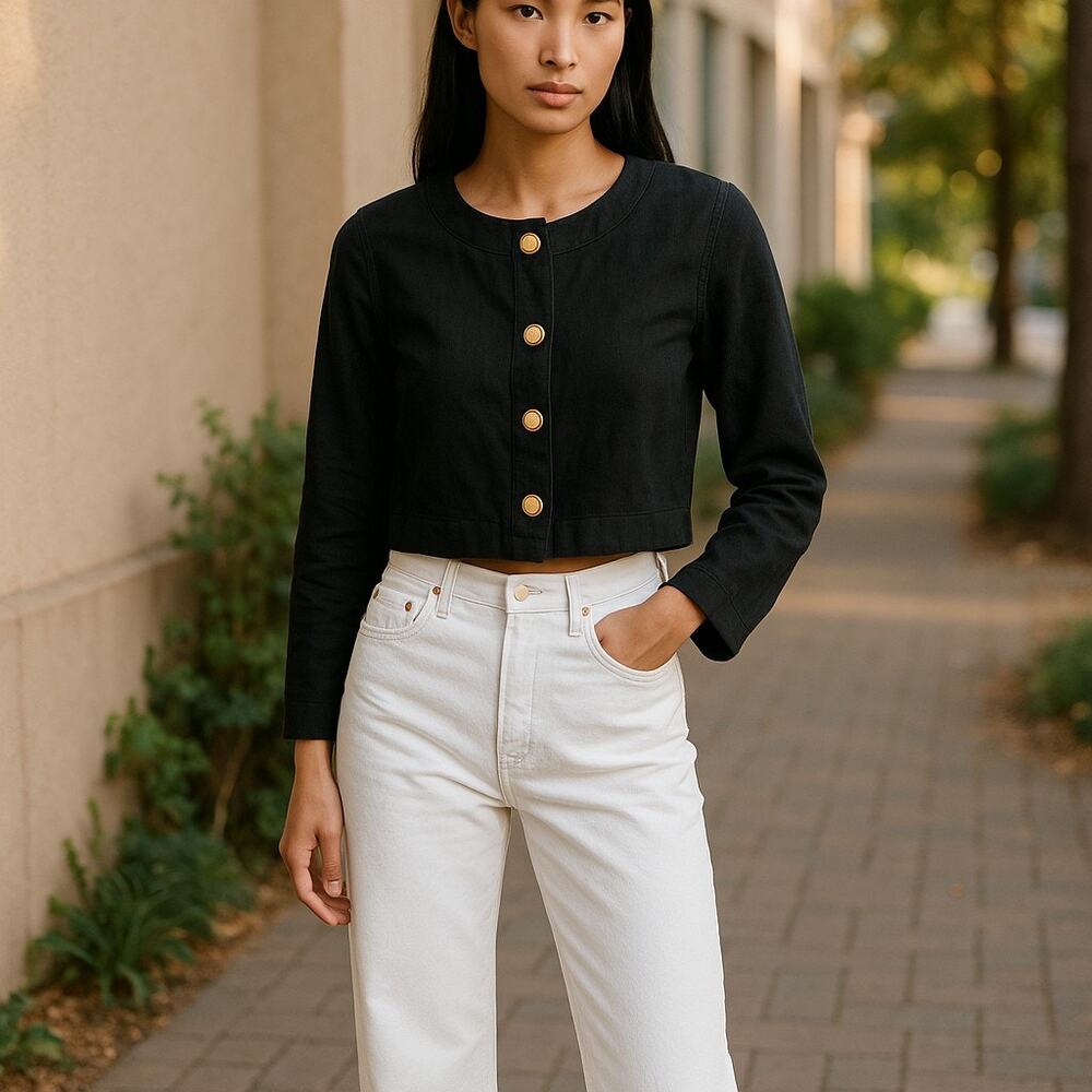 Ann Taylor Womens Jacket Size 12 Slub Linen Vintage Gold Buttons Cropped